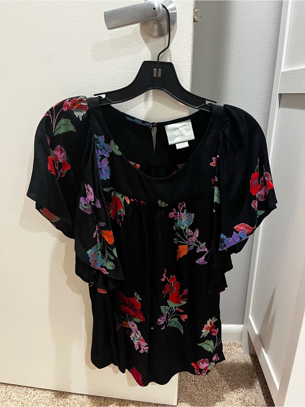 Maeve Small Black Floral Blouse with Pink Purple and Green Accents